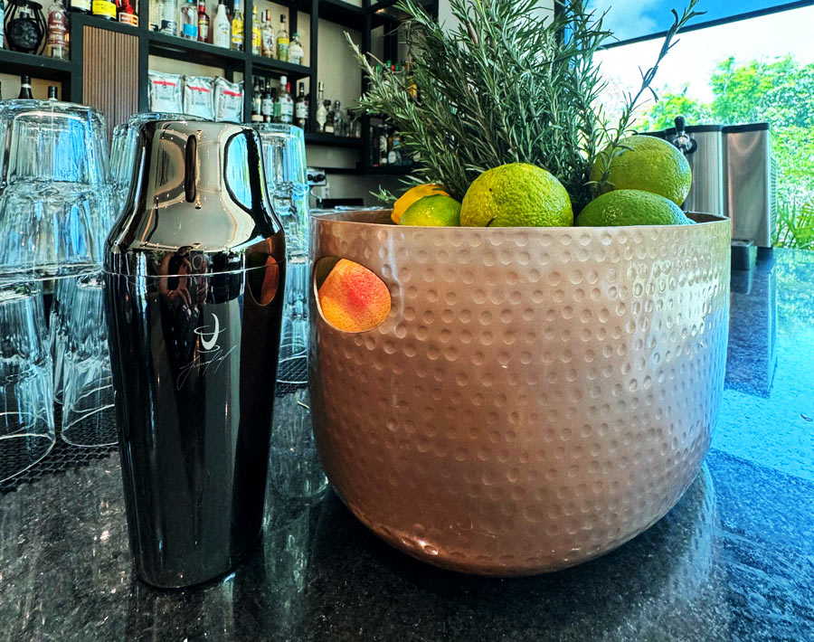 a bowl of limes and a rosemary plant
